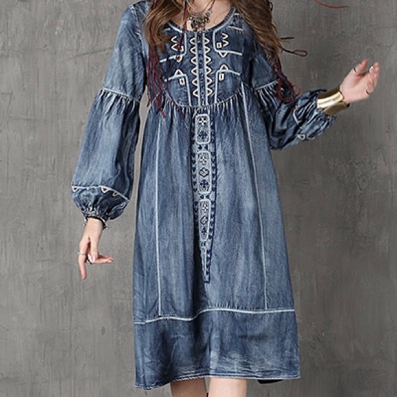 Vicky and Lucas Dresses & Skirts - Vicky And Lucas Faux Denim Boho Dress Size Medium